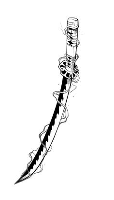 a black and white drawing of a dagger