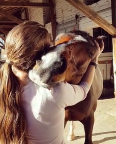 a woman is petting a brown horse