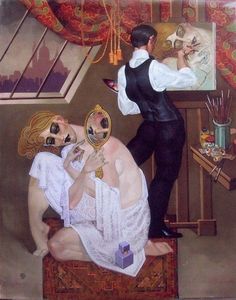 a painting of two people in front of a mirror