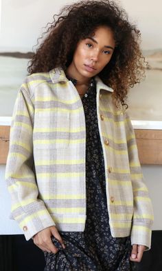 Wool Shacket - Plaid - Outerwear - Outdoor Wear - Shacket - Bright Outwear - Fall Fashion - Fall Looks - Layering Pieces Plaid Outerwear, Yellow Plaid Shirt, Primrose Yellow, Autumn Outwear, Plaid Shacket, Grey Flannel, Grey Plaid, Long Sleeve Jacket, Luxury Women Fashion