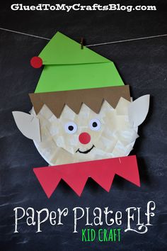 paper plate elf craft for kids on a chalkboard with the words paper plate elf