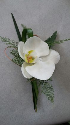 a white flower with green leaves is on a gray surface next to greenery and scissors