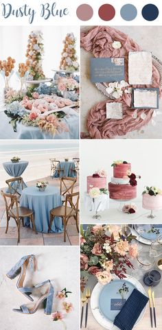 wedding color palettes for dusty blue, pink and grey with flowers on the table