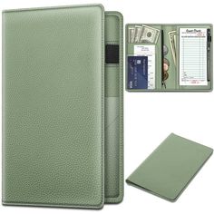 a green leather wallet case with money and credit cards on the front, next to it