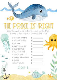 the price is right printable baby shower game with an octopus and jellyfish theme