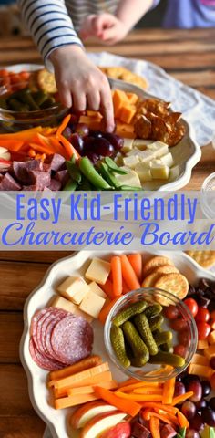 two plates with different types of food on them and the words easy kid - friendly cheese board