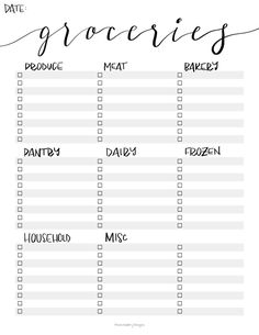 a printable grocery list with the words grocery written in cursive writing on it