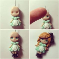 four different pictures of a little doll being held by a string and pinned to the wall