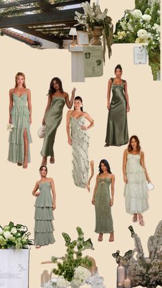 many different dresses and flowers are shown in this collage, including one woman's dress