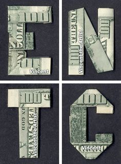 four different images of the letter e made out of money