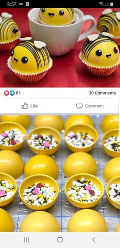 some yellow cupcakes with white frosting and sprinkles