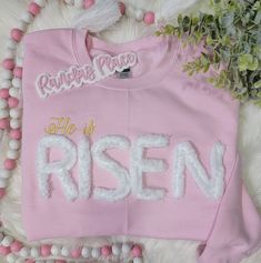 Easter sweatshirt for women Chenille yarn embroidered directly onto garment.  Washing Instructions: Wash shirt inside out with like colors and hang to air dry.  **unisex shirt sizing**  Embroidered with the most tender care!  Please feel free to reach out with any questions or requests you may have! Pink Sweatshirt With Embroidered Logo For Spring, Spring Pink Sweatshirt With Embroidered Graphics, Pink Embroidered Sweatshirt For Spring, Spring Crew Neck Sweatshirt With Custom Embroidery, Easter Sweatshirt, Friday Shirt, Tender Care, Chenille Yarn, Sweatshirt For Women