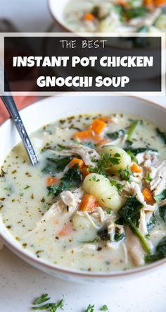 the best instant pot chicken gnocchi soup in a white bowl with a spoon