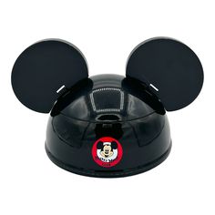 the mickey mouse head is black and has a red circle on it