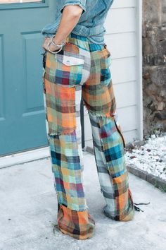 Penelope Patchwork Pants in Multi - SpiritedBoutiques Boho Hippie Boutique Style Pants, Oli & Hali Ankle Pants Plaid, Plaid Pants Womens, Best Selling Pants, Patchwork Pants, Bohemian Style Clothing, Trendy Pants, Plaid Pants, Plaid Design, A Button