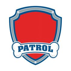 a red and blue shield with the word patrol on it's side, in front of a white background