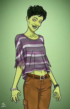 a drawing of a zombie girl with green eyes and brown pants, holding her hands out to the side