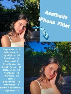 a woman is posing with her hand on her face and the words aesthetic iphone filter above her