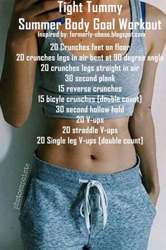 an image of a woman with her arms behind her head and the words, tight tummy summer body goal workout