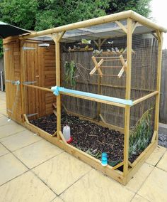 an outdoor garden area with a chicken coop