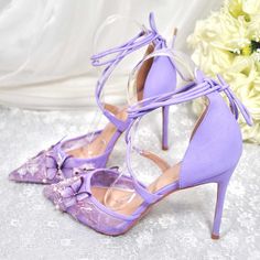 Step into enchantment with these purple lace-up heeled wedding shoes adorned with Butterfly Floral Embroidery. A whimsical blend of elegance and charm, perfect for your special day. Color: Purple Heel Type: Stiletto heel Heel Height: 4'' / 100 mm approx Product measurements were taken using size 8. Please note that measurements may vary by size. Toe: Pointed toe Butterfly floral embroidery design Lace-up ankle strap design Handcrafted US sizing. Fits true to size. Lilac Sandals, Quinceanera Shoes, Butterflies Wedding, Purple Wedding Shoes, Wedding Shoes For Bride, Shoes For Bride, Butterfly Heels, Perfect Wedding Shoes, Purple Heels