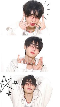 three different pictures of a person with black hair and piercings on their hands, one has