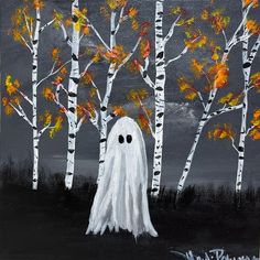 an acrylic painting of a ghost surrounded by trees with yellow and orange leaves