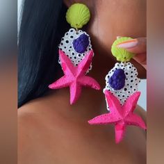 These Are Absolutely Stunning And For Sure A Statement Piece. These Are Medium Weight And Can Be Worn With Any Ensemble. Will Not Restock Handmade Playful Beach Earrings, Playful Handmade Earrings For Beach, Playful Handmade Beach Earrings, Playful Pink Earrings For Beach, Whimsical Handmade Earrings For Beach, Whimsical Handmade Beach Earrings, Unique White Beach Earrings, Scrunchie Ponytail, Accessories Colorful