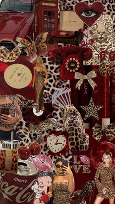 a collage of various items including coca - cola, leopard print and other things