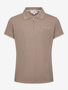 a beige polo shirt with a white logo on the collar and two contrasting stripes at the neck