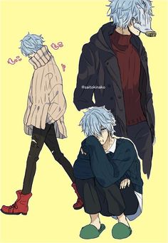 two anime characters with blue hair and black pants, one is holding the other's head