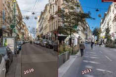 two pictures side by side showing people walking down the street and cars parked on the sidewalk