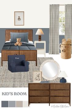 Modern Vintage kids bedroom decor mood board! Boys room decor ideas for young boys or toddler kids! Cute bedroom inspiration for kids with blue and brown tones! Ralph Lauren Boys Room Aesthetic, Navy Boys Bedroom, Boy Bedroom Aesthetic, Vintage Kids Bedroom, Fun Boys Bedroom Ideas, Boys Blue Bedroom, Retro Boys Room, Boys Room Decor Ideas, Toddler Boy Bedroom Ideas