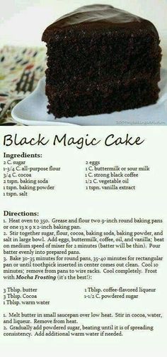 a recipe for black magic cake on a white plate