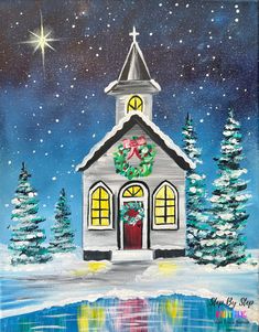 a painting of a church with christmas wreaths on the door and trees around it