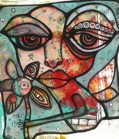 an abstract painting with lots of different colors and designs on the face, including one woman's face