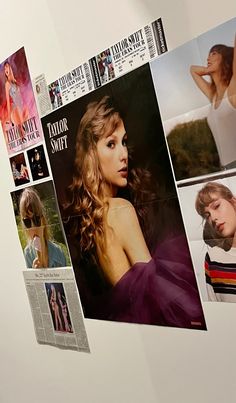 several photos of taylor swift hanging on the wall