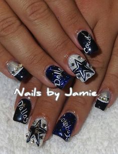 Nails by Jamie are beautiful, and the gal (I wish I knew her name) at Best Nails in El Paso,TX used her expertise to create this version on my toes. Loved them Dallas Cowboys Nail Designs, Dallas Cowboys Nails, Nfl Nails, Football Nail Art, Cowboy Nails, Sports Nails, Grey Nail Art, Football Nails, Fingernail Designs