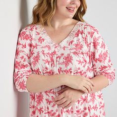 Get cozy and comfortable in this Adonna women's plus long-sleeve floral-print nightgown. Cut in a maxi-length style from soft stretch-jersey, this nightdress has a v-neckline with a lace trim and button-front closures.Features: Lace TrimClosure Type: Button, Pullover HeadNeckline: V NeckSleeve Length: Long SleeveApparel Length: 54 InchesFiber Content: 90% Polyester, 10% SpandexFabric Description: JerseyCare: Tumble Dry, Machine WashCountry of Origin: Imported Floral Print Long Sleeve Nightgown For Sleepovers, Long Sleeve Floral Print Nightgown For Sleepovers, Long Sleeve Floral Print Sleepwear For Lounging, Floral Print Long Sleeve Sleepwear For Lounging, Long Sleeve Floral Print Sleepwear For Sleepover, Floral Print Long Sleeve Nightgown For Loungewear, White Floral Print Long Sleeve Nightgown, Spring Red Sleepwear For Lounging, V-neck Floral Print Nightgown For Pajama Party