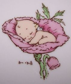 a drawing of a baby sleeping in a pink flower