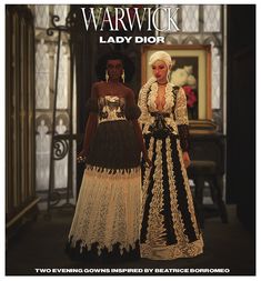 two women in dresses standing next to each other on the cover of warwick lady dior