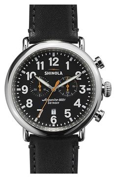 Shinola 'The Runwell Chrono' Leather Strap Watch, 47mm available at #Nordstrom Shinola Watch, Best Tanning Lotion, Watch Ideas, Chrono Watches, Leather Strap Watch, Authentic Watches, Tanning Lotion, Valentines Day Gifts For Him, Mens Trends