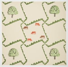 an animal themed wallpaper with trees and cows