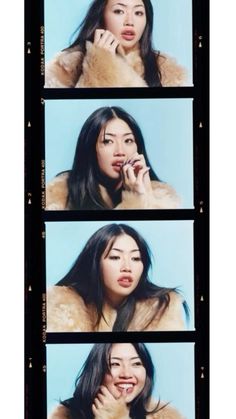 four pictures of a woman with long hair brushing her teeth and looking at the camera