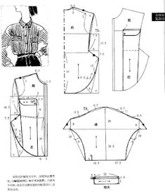 an image of the front and back views of a blouse pattern, with instructions to sew