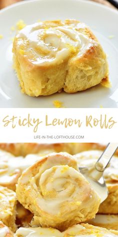 a close up of a plate of food with lemon rolls on it and the words sticky lemon rolls