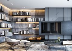 a modern living room with bookshelves and fireplace