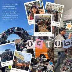 a collage of photos showing people shopping at an outdoor market with the words octop written on them