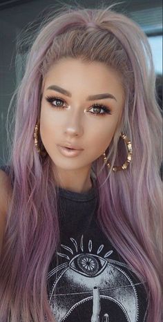 Purple With Blonde Money Piece, Hair Colors For Bright Winter, Silver Purple Pink Hair, Cute Fun Hair Colors, Light Pink Hair Dark Roots, Purple Hair Makeup Ideas, Blonde Hair Purple Roots, Blonde Hair Purple Highlights, Fun Hair Color Ideas For Blondes