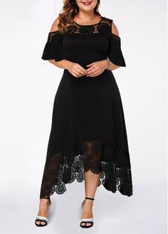 Color:Black;Size:1X;Size:2X;Size:3X;Washing Instructions:Hand Wash;Decoration:Lace Patchwork;Occasion:Ball;Silhouette:High Low;Sleeve&apos;s Length:Half Sleeve;Sleeve Style:Cold Shoulder;Dress Length:Maxi;Pattern Type:Solid;Neckline:Round neck;Package Contents:1 X Dress;Composition:95% Polyester, 5% Spandex;Color Scheme:Black;Clothing Length:130.00;Style:Elegant; Plus Size Lace Dress, Plus Size Black Dresses, Lace Panel Dress, Stitching Dresses, Asymmetrical Hem Dress, Cold Shoulder Lace, Panel Dress, Patchwork Dress, Necklines For Dresses